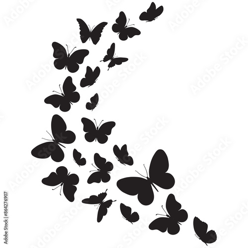 Flying black silhouettes of butterflies insect. Vector design element. Flock of butterflies on white background. Baby shower design elements. Party invitation, birthday decoration, decor,kids stickers