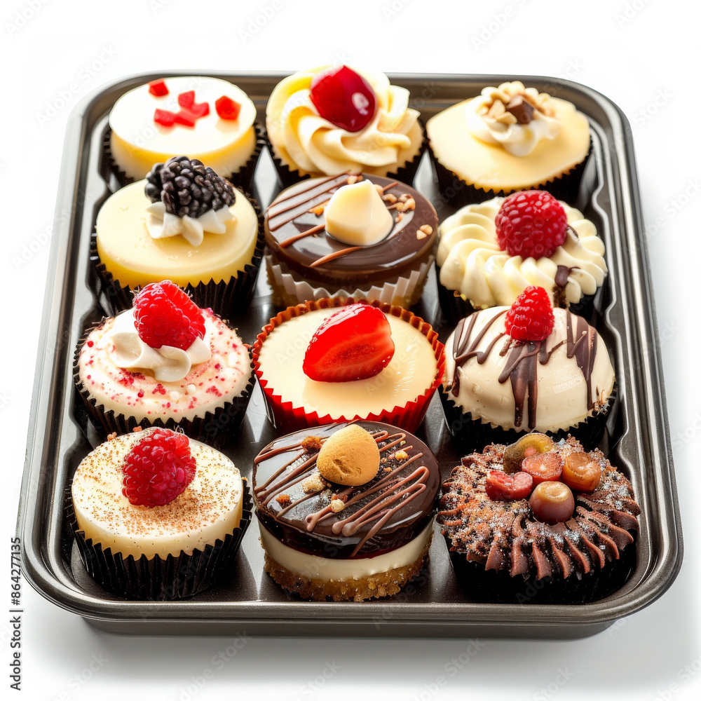 A tray of assorted mini cheesecakes with different toppings, isolated on white background A tray of assorted mini cheesecakes with different toppings, isolated on white background