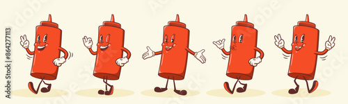 Groovy Hotdog Retro Character Illustrations Set. Cartoon Sausage, Walking Smiling Vector Food Mascot Template. Happy Vintage Cool Fast Food Rubber Hose Style Drawing Isolated