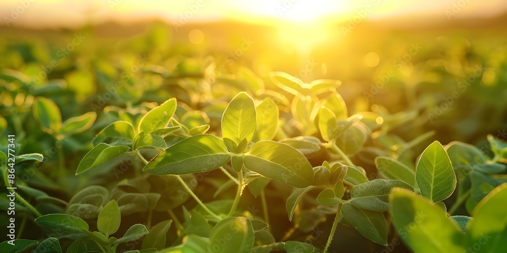 Closeup of young soybean sprouts in field at sunrise reaching for sun ...