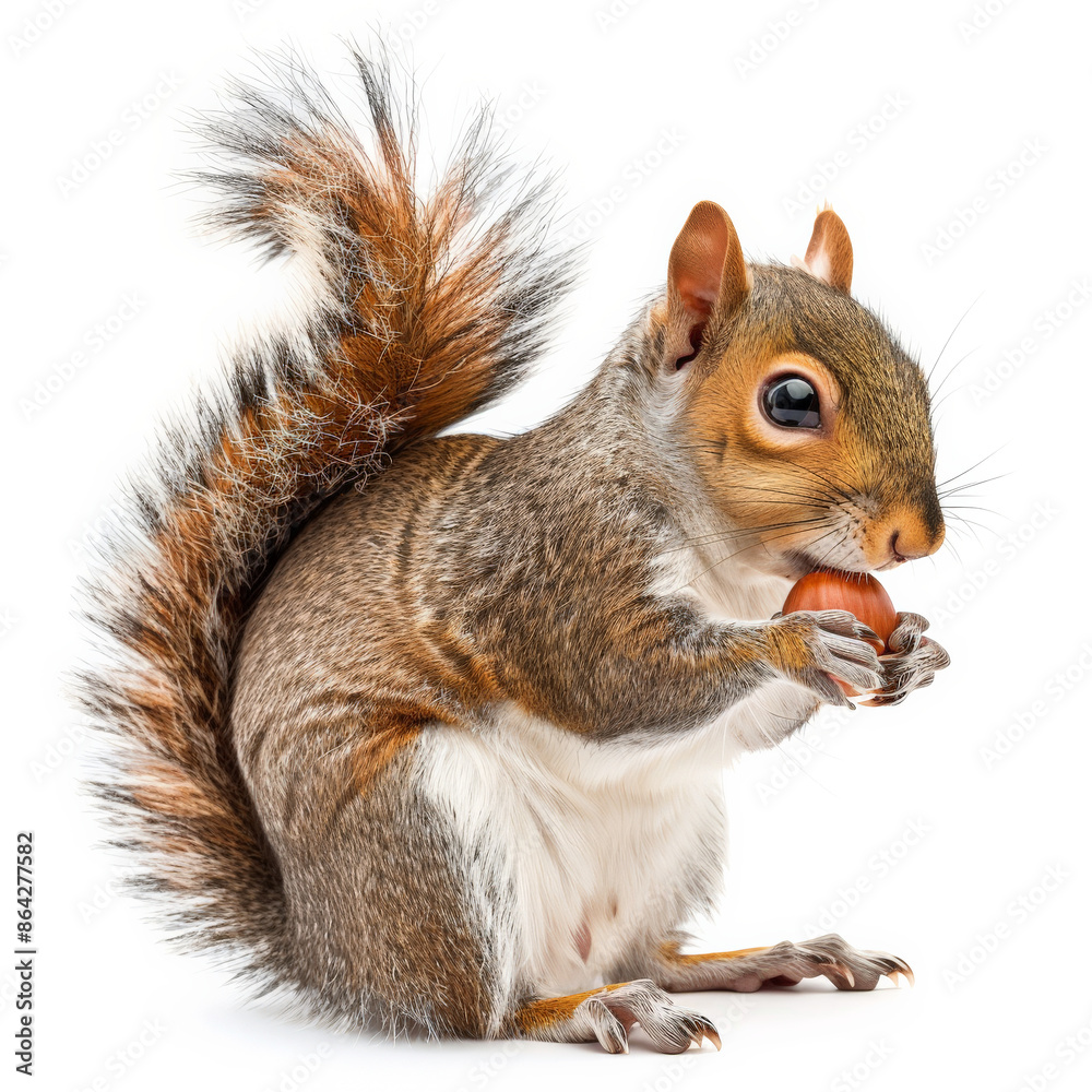 A cheerful squirrel with a bushy tail, holding an acorn, isolated on white background A cheerful squirrel with a bushy tail, holding an acorn, isolated on white background