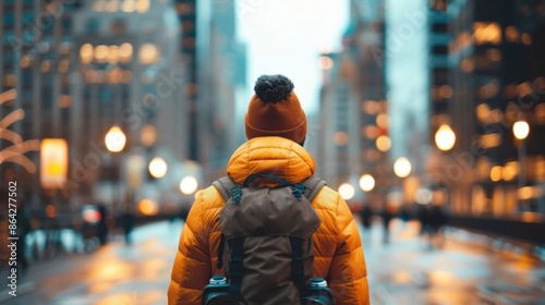 Person in colorful winter clothing walking in an urban cityscape, surrounded by blurred buildings and lights, reflecting a rainy day atmosphere. © stockpro