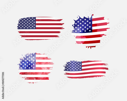 Set of US flag icons with brushing style stroke and clipping mask. Digital brush and ink spots. Creative graphic elements. Holiday collection. Grunge art background. Isolated template. Abstract signs.