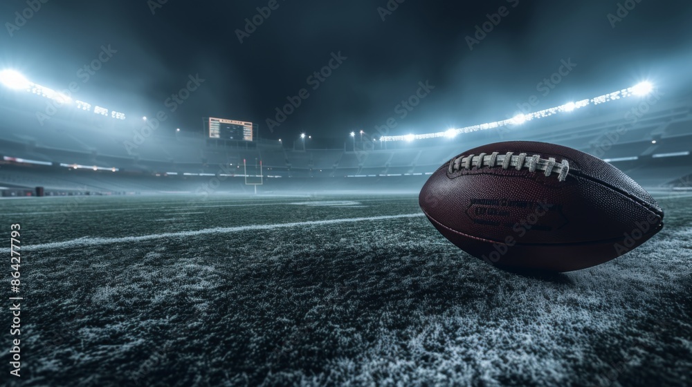 A football resting on the field under bright stadium lights