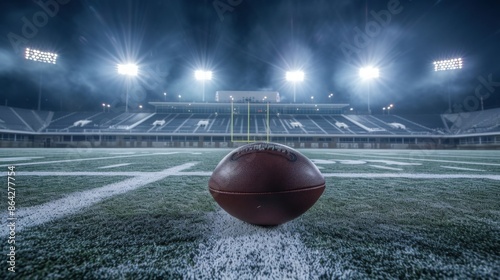 A football resting on the field under bright stadium lights