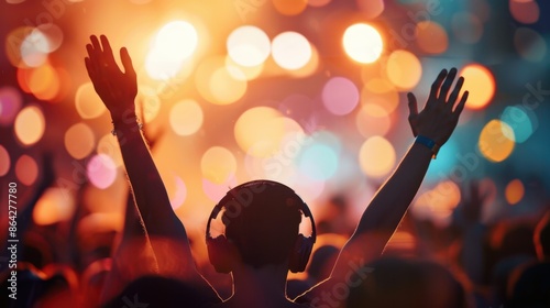 Person enjoying live concert with headphones, vibrant lights, and bokeh effect creating a lively and energetic music festival atmosphere. photo