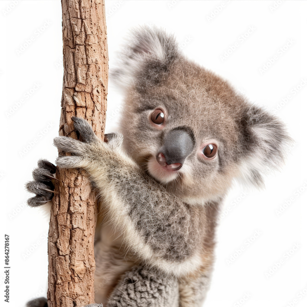 Obraz premium An adorable baby koala with big eyes and fluffy ears, clinging to a branch, isolated on white background