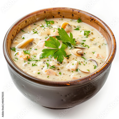 A bowl of creamy clam chowder with a sprinkle of parsley, isolated on white background