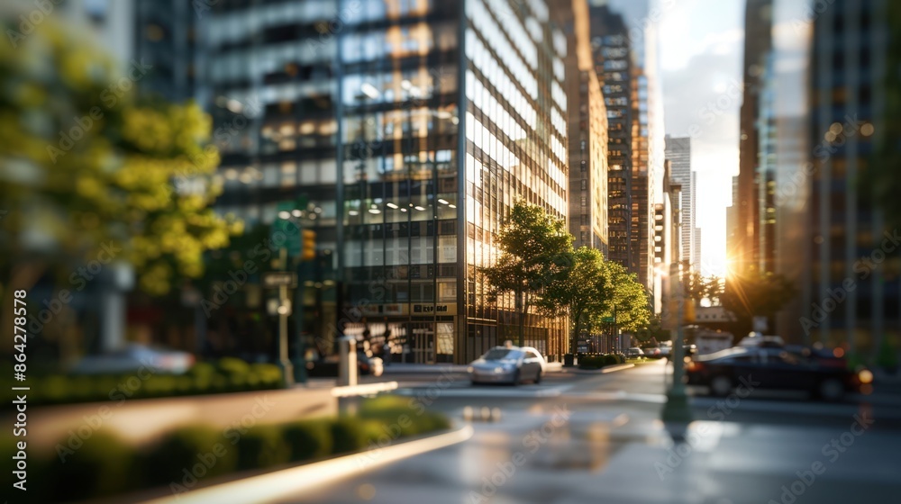 Fototapeta premium Sunset in a busy downtown area with modern office buildings, cars, and pedestrians, offering a vibrant urban cityscape view.
