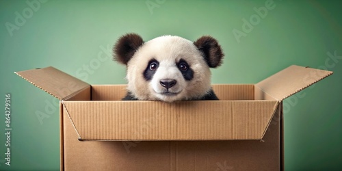 A cute panda peeking out of a cardboard box , panda, cardboard, box, cute, animal, black and white, playful photo