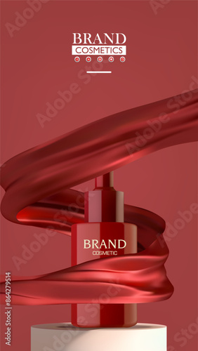 Cosmetics product in red fabric on podium or stage . Packaging mockup design.3d vector illustration.