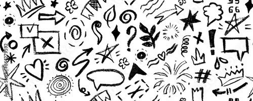 Vector seamless pattern  with charcoal graffiti doodle and girly shapes  Hand drawn abstract scribbles and squiggles, creative various shapes, pencil drawn. Scribbles, scrawls, stars, crown.