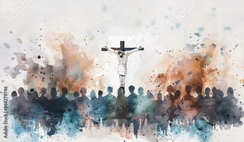 Watercolor illustration of Jesus on the cross surrounded by a crowd with a vibrant sunset.