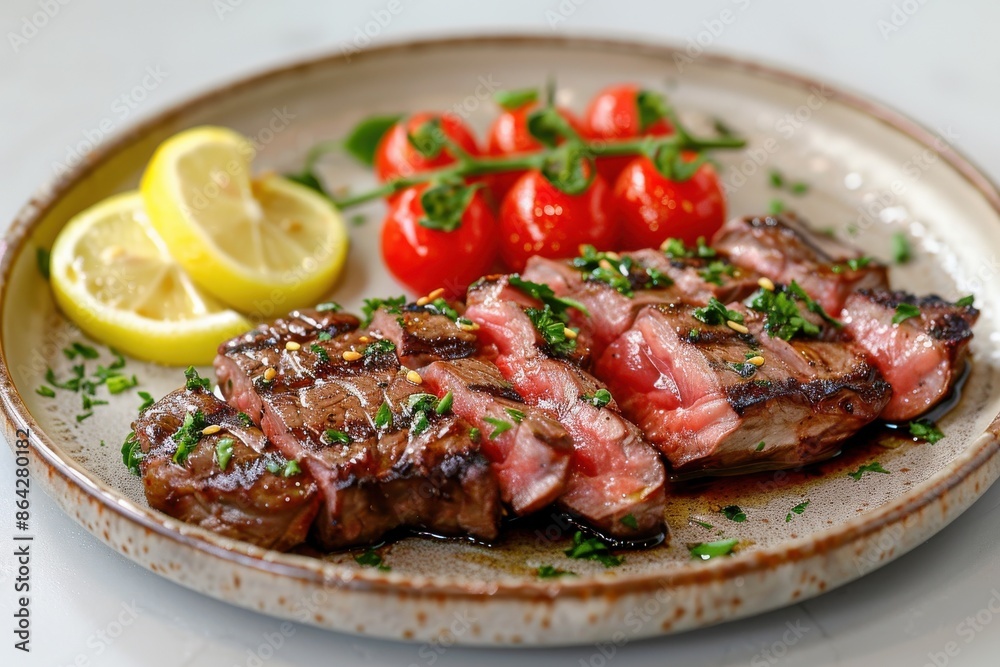 A plate of steak with tomatoes and lemon slices A plate of steak with tomatoes and lemon slices