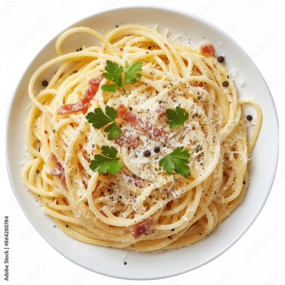 A plate of spaghetti carbonara with parmesan and black pepper, isolated on white background A plate of spaghetti carbonara with parmesan and black pepper, isolated on white background