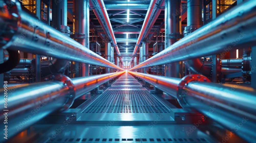 Industrial Piping Network with Blue and Red Lighting Industrial Piping Network with Blue and Red Lighting