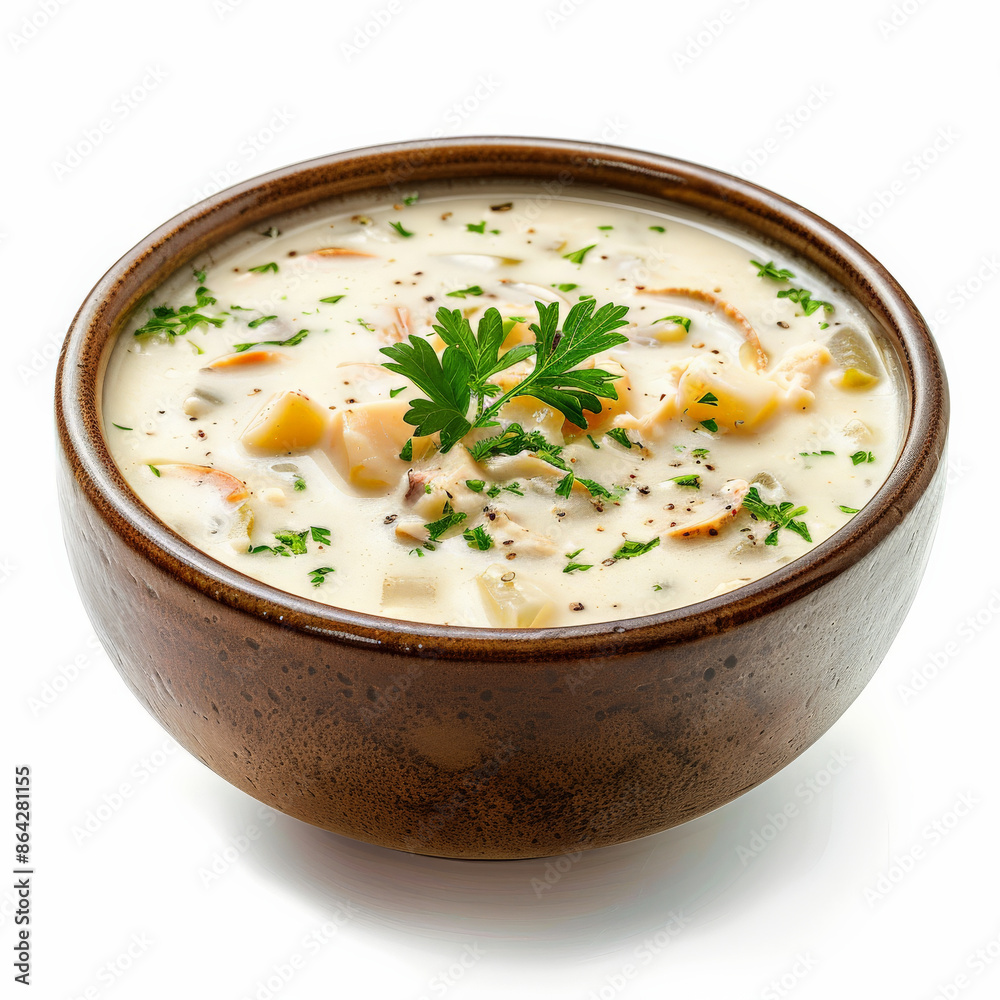 A bowl of creamy clam chowder with a sprinkle of parsley, isolated on white background A bowl of creamy clam chowder with a sprinkle of parsley, isolated on white background