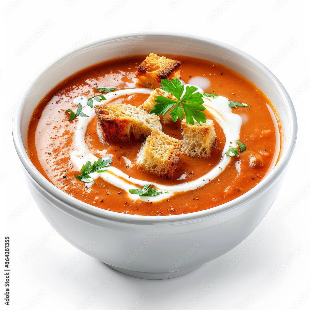 A bowl of creamy tomato soup with a swirl of cream and croutons, isolated on white background A bowl of creamy tomato soup with a swirl of cream and croutons, isolated on white background