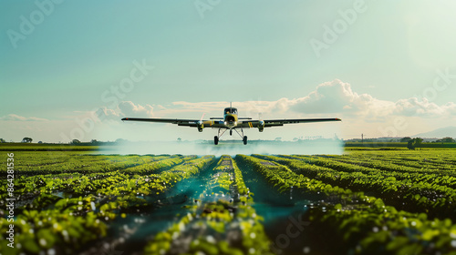 A small plane is spraying water on a field of green plants. The plane is low to the ground, and the water is coming out of its wings. The scene is peaceful and serene