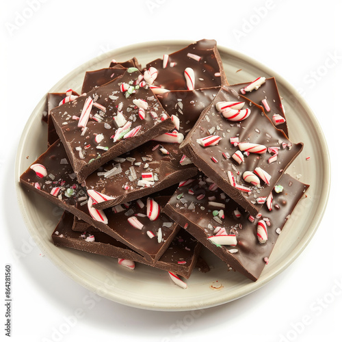 A plate of handmade peppermint bark with a chocolate layer, isolated on white background photo