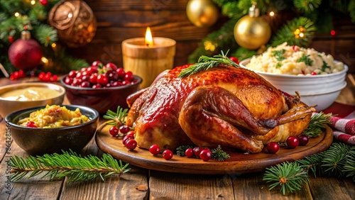 Delicious Christmas feast with roasted turkey, cranberry sauce, mashed potatoes, and festive decorations, Christmas photo