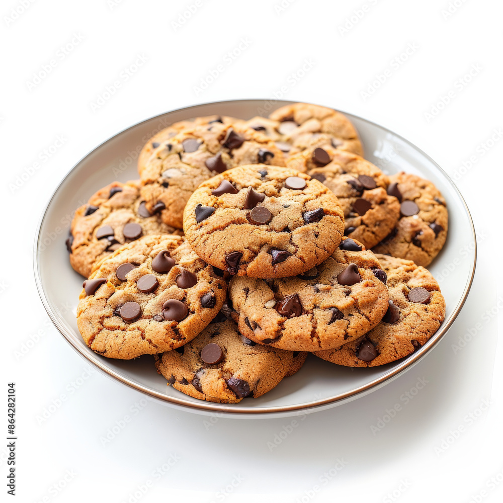 A plate of freshly baked chocolate chip cookies, isolated on white background A plate of freshly baked chocolate chip cookies, isolated on white background