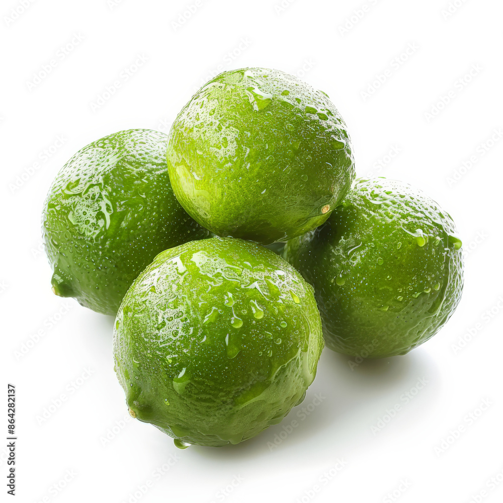 A bunch of fresh, green limes with dewy surface, isolated on white background A bunch of fresh, green limes with dewy surface, isolated on white background