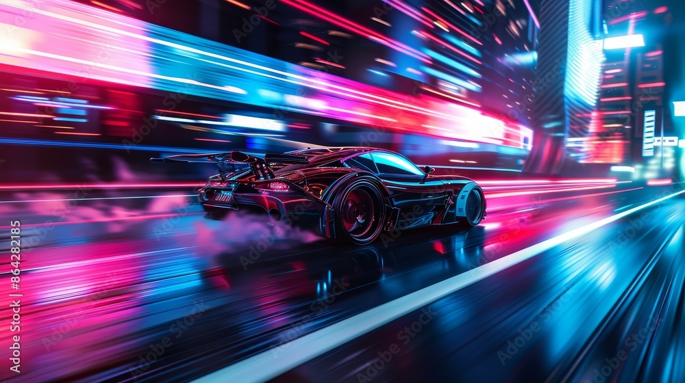Futuristic flying car in neon night city speeds through urban landscape in realistic photo Futuristic flying car in neon night city speeds through urban landscape in realistic photo