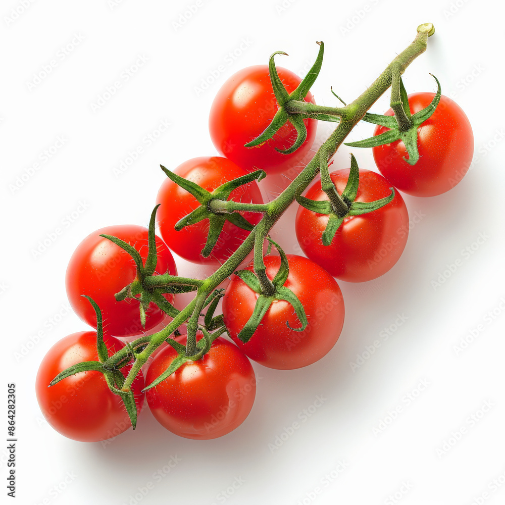 A cluster of vibrant, fresh grape tomatoes, isolated on white background A cluster of vibrant, fresh grape tomatoes, isolated on white background
