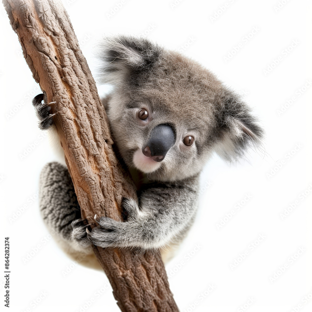 Obraz premium An adorable baby koala with big eyes and fluffy ears, clinging to a branch, isolated on white background