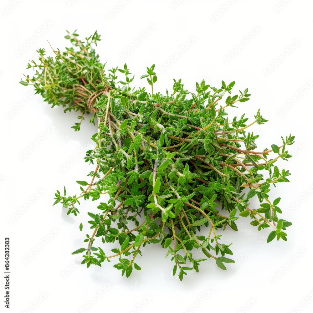 A bunch of fresh, green thyme with dewy sprigs, isolated on white background A bunch of fresh, green thyme with dewy sprigs, isolated on white background