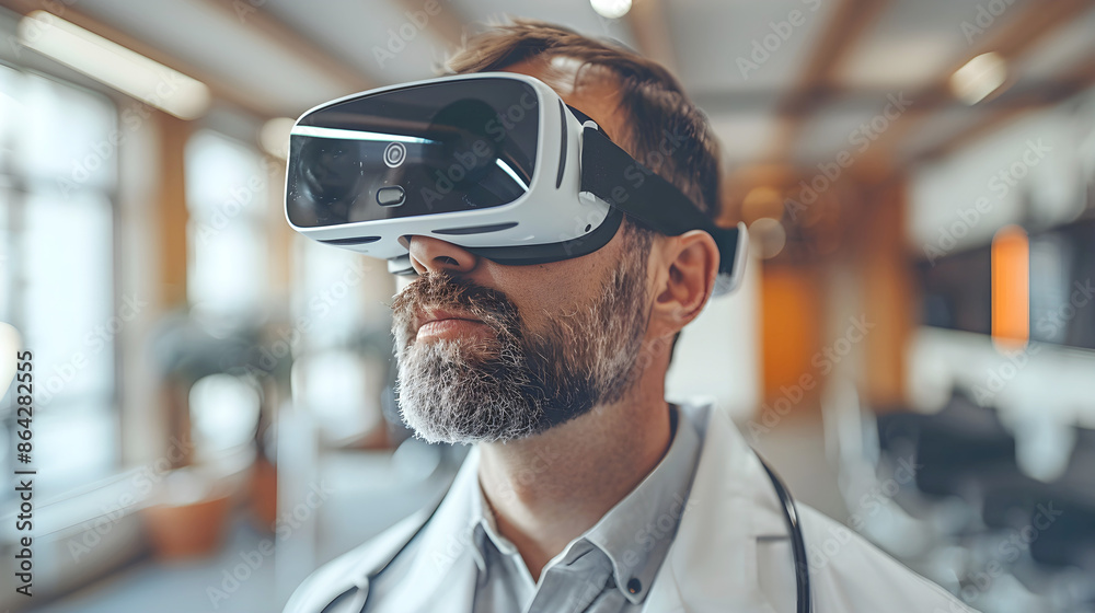 Doctor using virtual reality headset for medical simulation in a modern hospital setting Doctor using virtual reality headset for medical simulation in a modern hospital setting