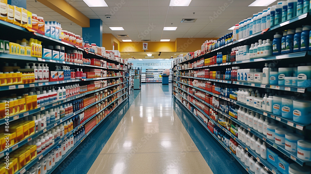 Pharmacy interior with well-stocked shelves Pharmacy interior with well-stocked shelves