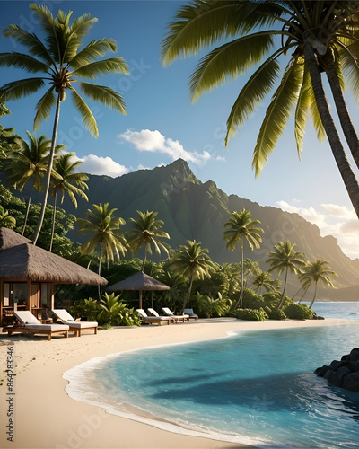 Paisaje playa tropical con un mar sin oleaje y unas montañas de fondo 