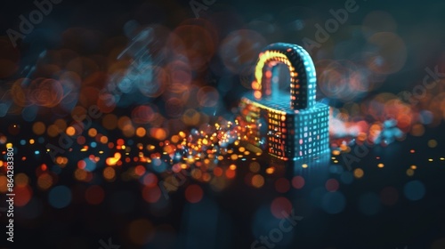 Digital padlock surrounded by colorful bokeh, symbolizing cybersecurity and data protection in a digital world.