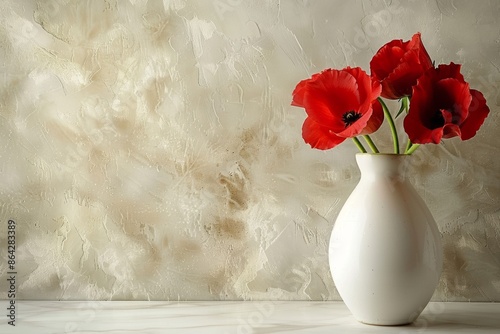 Elegant red poppies in a white vase against a textured backdrop photo