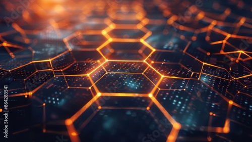 Futuristic digital background with interconnected glowing hexagons and intricate geometric hi-tech patterns