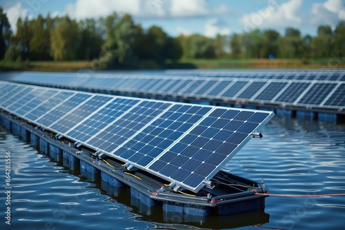 A field of solar panels floating on a calm lake, generating clean energy under a clear blue sky. photo