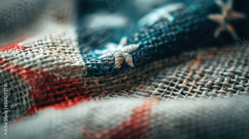 Close-up of a rustic American flag with a burlap texture, showcasing stars and stripes in a vintage, patriotic design.