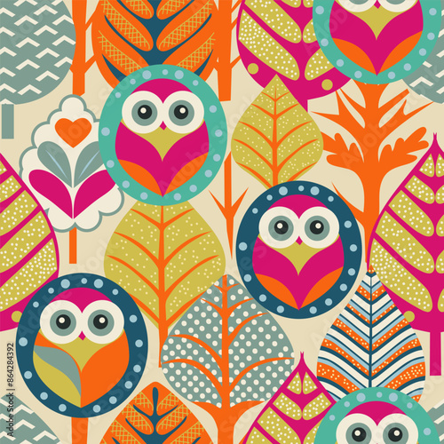 cute bright owls in a fairy forest