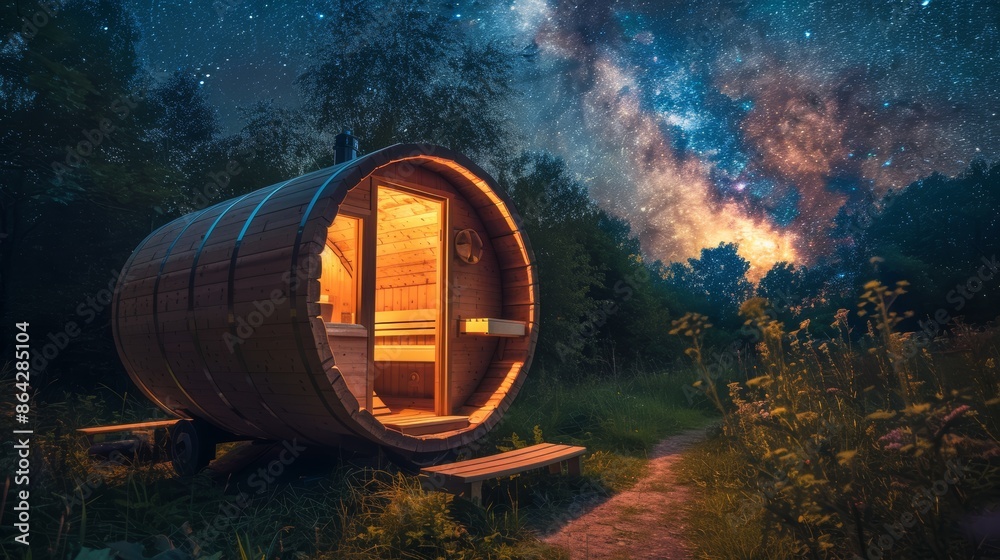 Magical Night in a Secluded Forest with Wooden Barrel Sauna Under a Star-Filled Sky Magical Night in a Secluded Forest with Wooden Barrel Sauna Under a Star-Filled Sky
