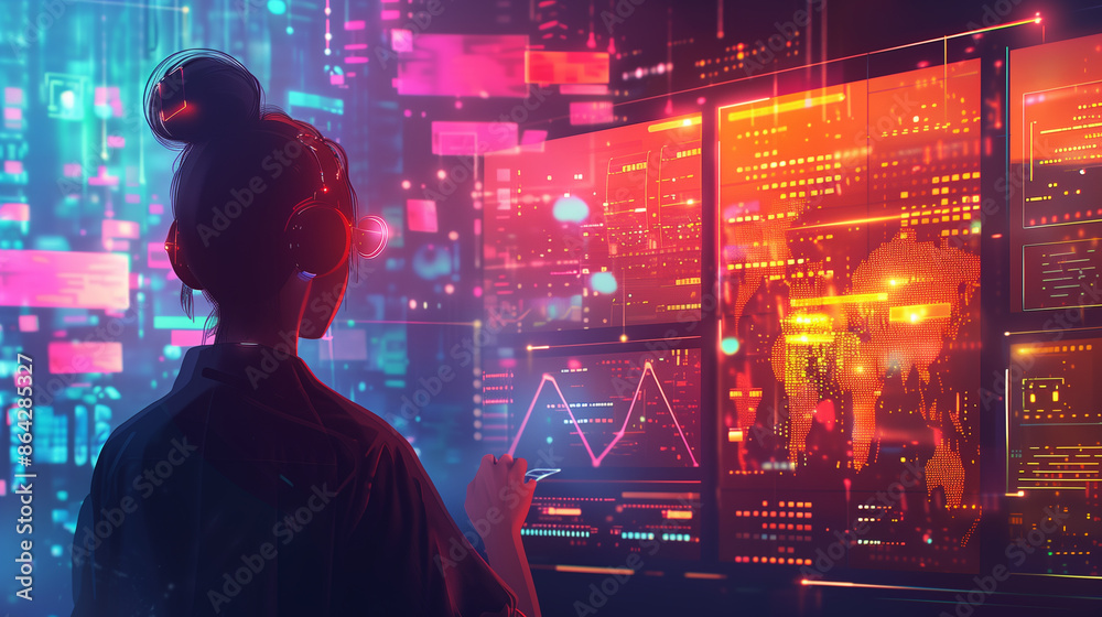 Futuristic data analyst working with interactive interface in a high-tech environment. Futuristic data analyst working with interactive interface in a high-tech environment.