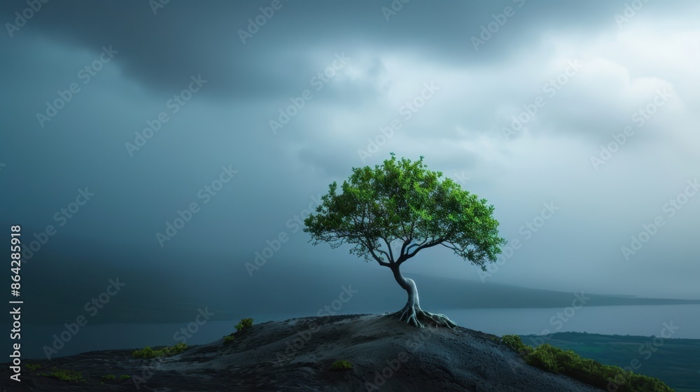 Solitary tree on a rocky outcrop under a dramatic stormy sky. A striking display of resilience and nature's beauty. Solitary tree on a rocky outcrop under a dramatic stormy sky. A striking display of resilience and nature's beauty.