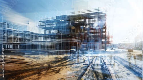 Construction Site with Blueprint Overlay