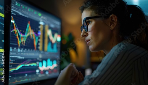 Thoughtful businesswoman analyzing financial data on multiple computer screens late at night.