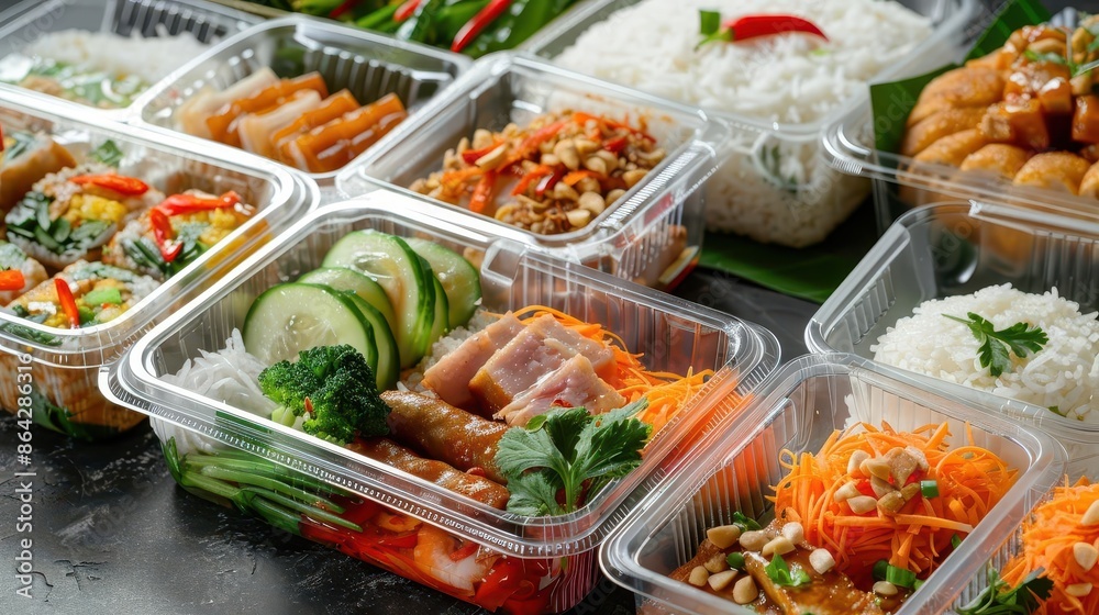 assorted thai lunch boxes in clear plastic packaging modern food photography assorted thai lunch boxes in clear plastic packaging modern food photography