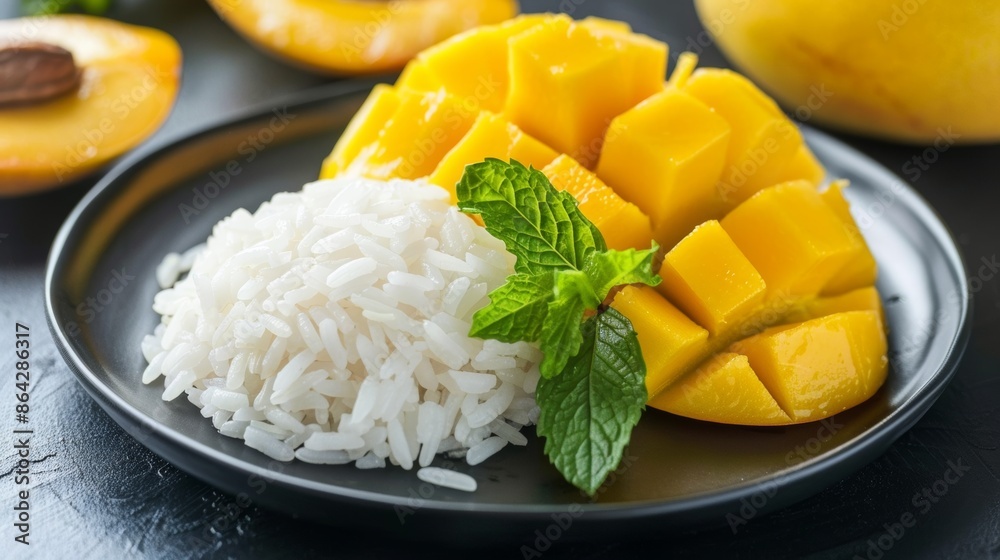 Fresh mango and sticky rice dessert on dark plate Fresh mango and sticky rice dessert on dark plate