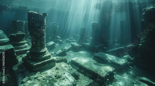 Sunbeams illuminate an underwater city, with stone pillars and structures visible through the clear water.