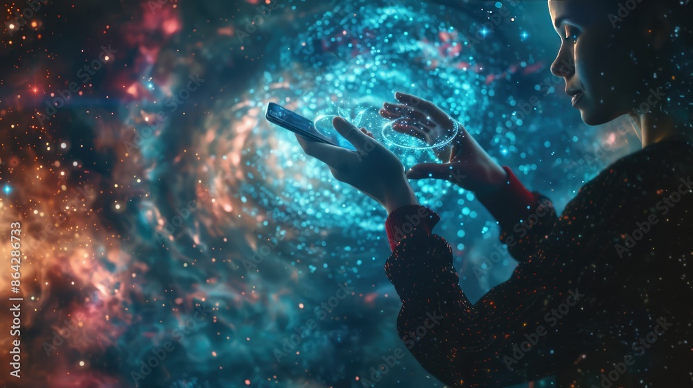 Emerging from a swirling nebula of data, a woman's hand emerges, grasping a smartphone. The phone's screen displays a pulsating social media icon, Emerging from a swirling nebula of data, a woman's hand emerges, grasping a smartphone. The phone's screen displays a pulsating social media icon,