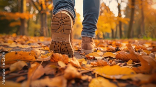 autumn stroll closeup of feet walking on fallen leaves in park path seasonal photography
